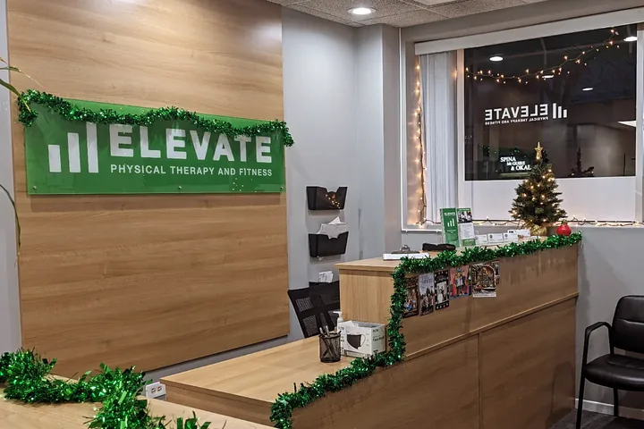 The Elevate reception desk decorated for the holidays