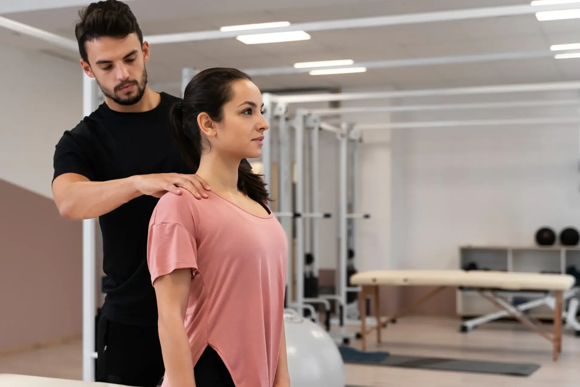 Physical therapist assessing a patient's shoulder in the Elevate treatment gym