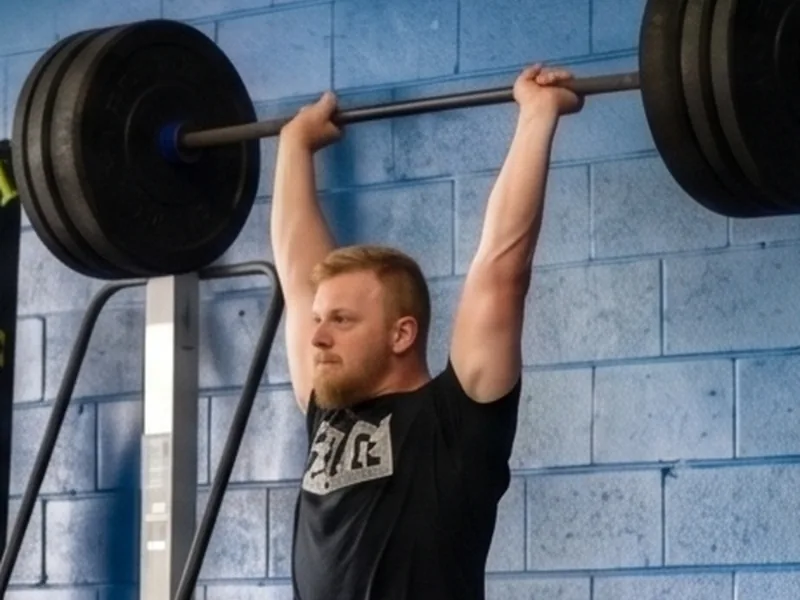 A person performing an overhead barbell press in a gym