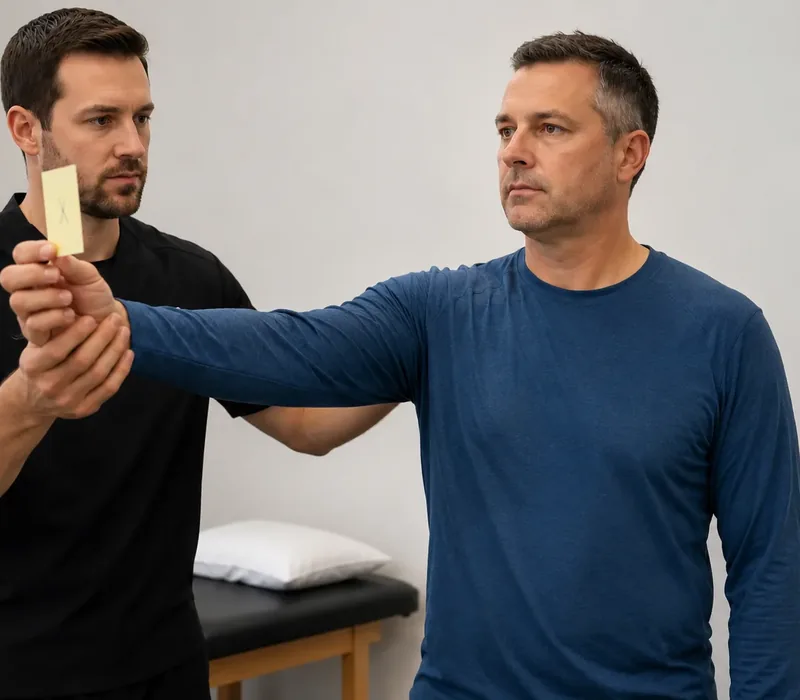 Therapist guiding a patient through a balance retraining exercise